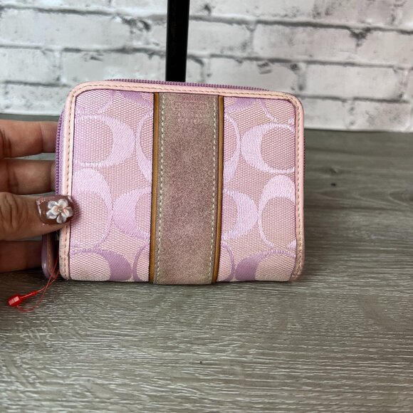 Coach Pink & Beige Signature C Canvas & Patent Leather Bi Fold Wallet - Picture 1 of 8